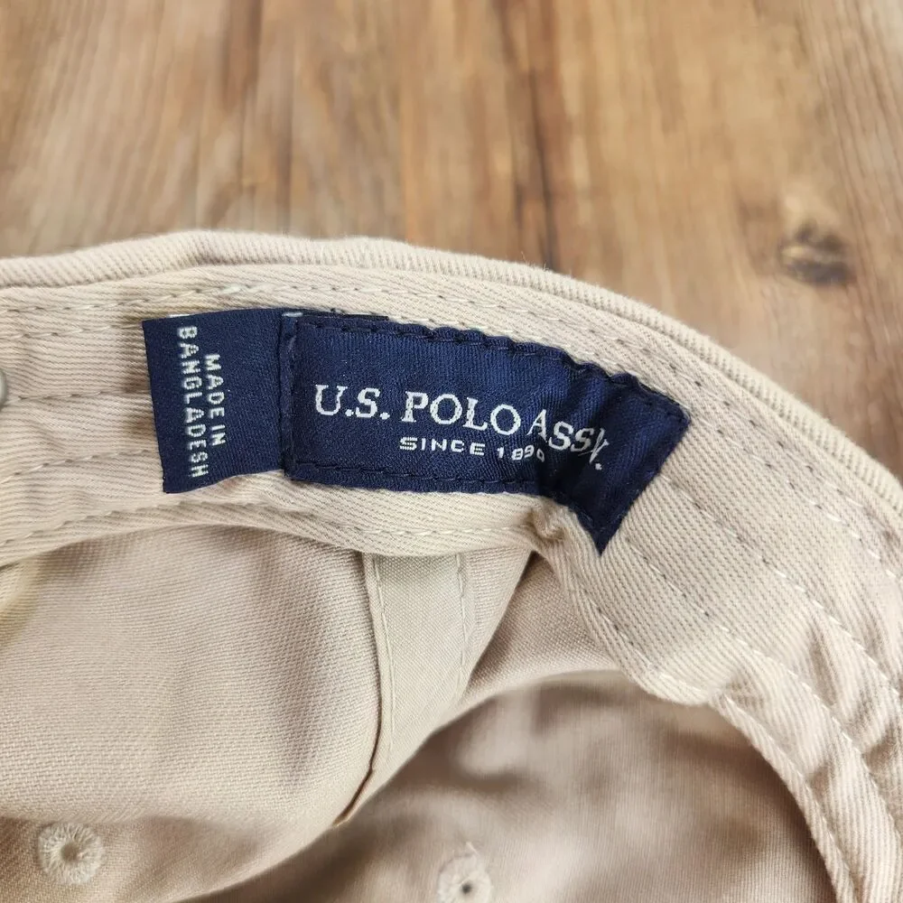 US Polo Assn Dad Hat Beige Embroidered Double Horseman Strapback Baseball Cap